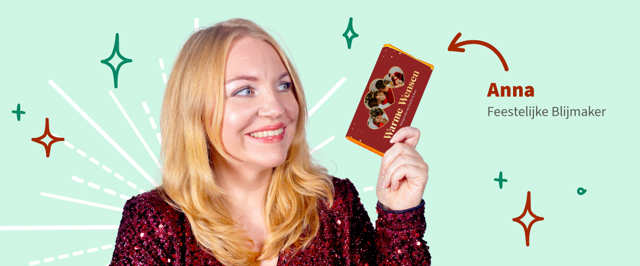 Feestelijke Blijmaker Anna met een chocoladereep