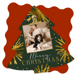 Trendy kerstkaart kerstboomvorm sterren goud foto