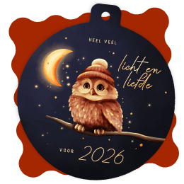 Kerstbal kerstkaart uiltje licht en liefde voor 2026