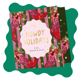 Trendy kerstkaart 'Howdy Holidays' cowboyboot botanisch goud