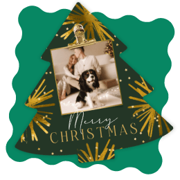 Trendy kerstkaart kerstboomvorm sterren goud foto