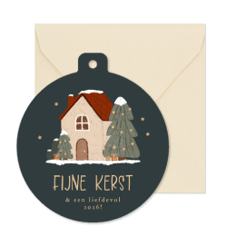 Kerstkaartje kerstbalvorm illustratie huisje sterretjes