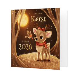 Kerstkaart hert met roodborstje in sprankelend bos