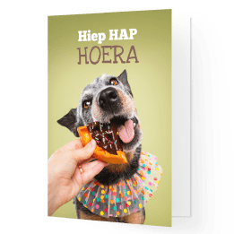 Grappige verjaardagskaart van hond met cake en slabber