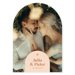 Fotokaart originele vorm oranje boog uitnodiging huwelijk