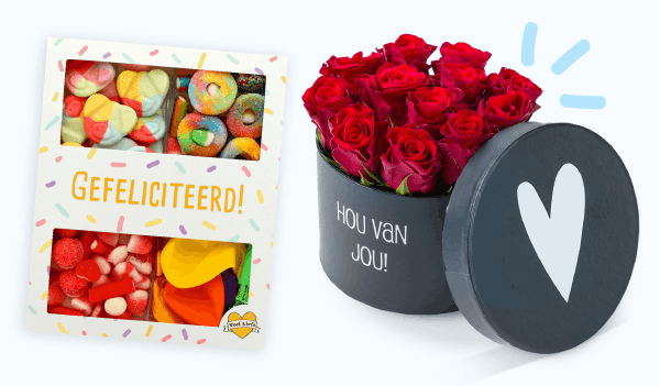 Snoep en boeket bloemen