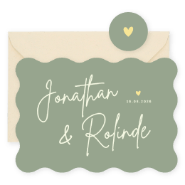 Trouwkaart hip met golvende rand - olijfgroen met namen