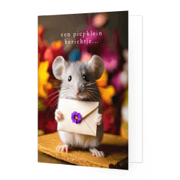 Wenskaart muisje met piepklein berichtje bloemen