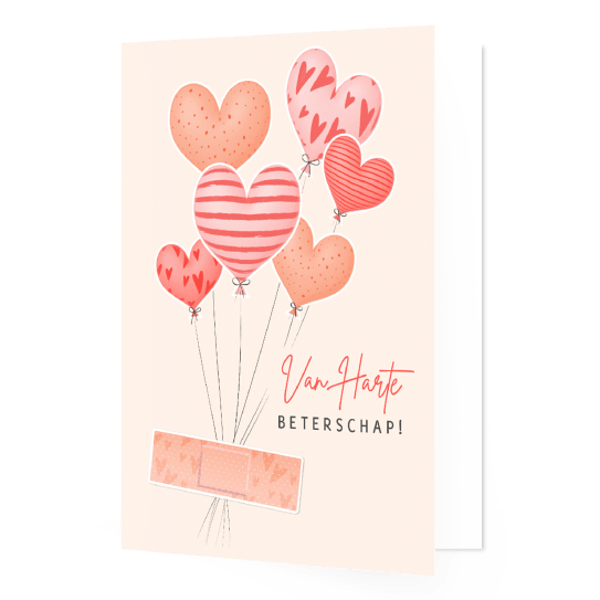 Beterschapskaart opbeurend met pleister en hartjes ballonnen