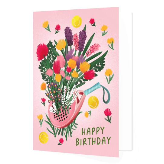 Verjaardagskaart met bloemen in padelracket