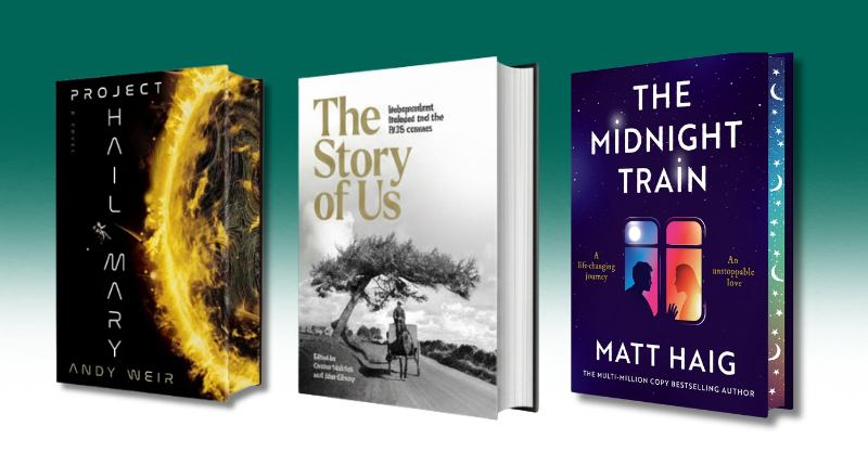 Three book covers: Project Hail Mary, The Story of Us, and The Midnight Train.