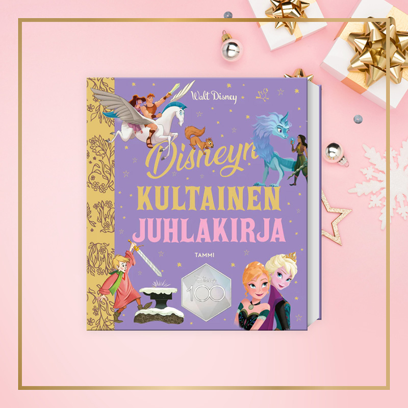 Kuvassa on keskellä etukansi katselijaan päin kirja ”Disneyn kultainen juhlakirja TKK” vaaleanpunaisella taustalla. Kuvan oikeassa yläkulmassa on kaksi pientä valkoista lahjapakettia, joiden päällä on kultaisesta lahjanauhasta tehdyt ruusukkeet. Oikeassa yläkulmassa on myös valkoinen koristelumihiutale, hopeisia pyöreitä kuusenkoristeita ja kultainen kimaltava koristetähti.