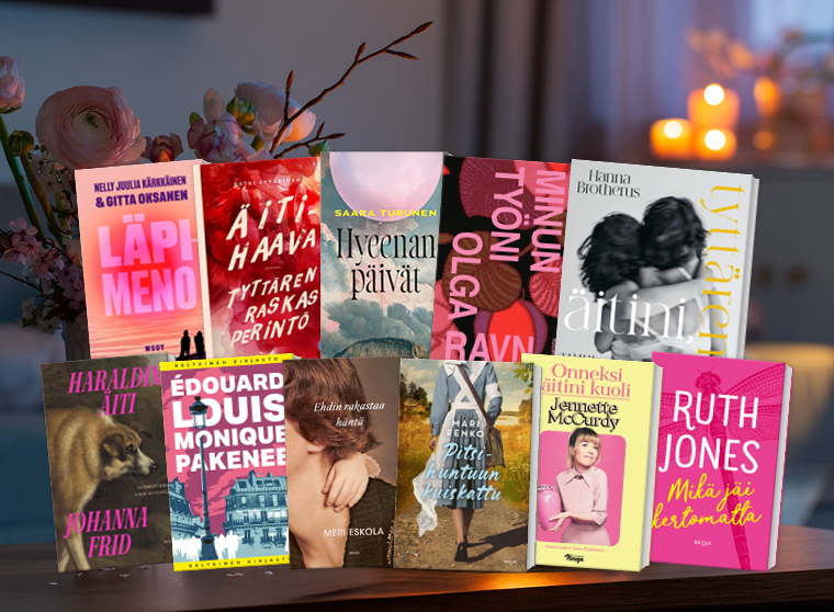 Kuvassa erilaisia äitiyttä koskevia kirjoja.