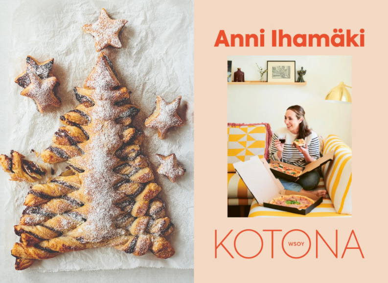 Kuvassa on vasemmalla joulukuusen muotoinen voitaikinapaistos, jossa on suklaata ja tomusokeria. Oikealla puolella kuvaa on Anni Ihamäen Kotona-keittokirjan kansi.