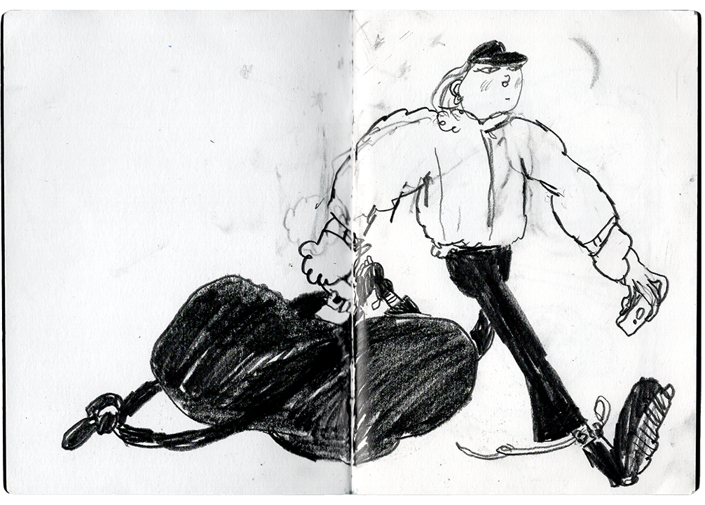 Juliana hyrrin mustavalkoinen piirros ihmishahmosta, joka kävelee ja kantaa suurta matkakassia.