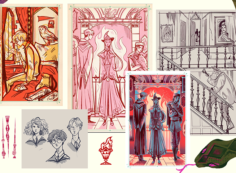 Karl James Mountfordin värikkäitä Harry Potter -kuvituksia.