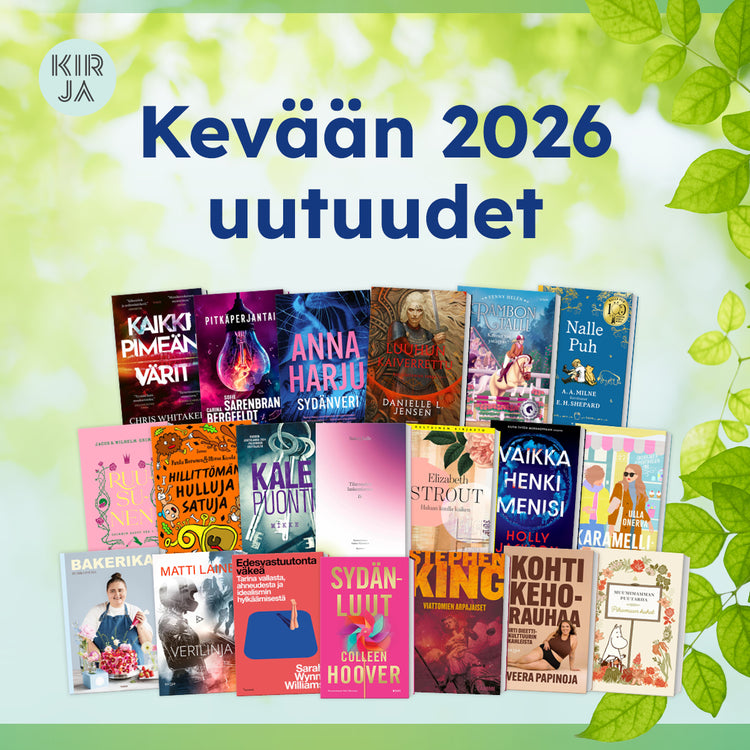 Kuva on kokoelmakuva vuonna 2026 julkaistavista kirjoista. Kirjat ovat etukansi suoraan kohti katselijaa. Ylimmän rivin kirjat ovat vasemmalta oikealle ”Kaikki pimeän värit”, ”Pitkäperjantai”, ”Sydänveri”, ”Luuhun kaiverrettu”, ”Rambon talli: Kateus vai ystävyys?” ja ”Nalle Puh. 100-vuotisjuhlakirja”. Tämän alla olevalla rivillä vasemmalta oikealle ovat kirjat ”Grimmin sadut osa 1. Ruusunen”, ”Hillittömän hulluja satuja”, ”Mikke”, ”Tilavuuden laskemisesta IV”, ”Haluan kuulla kaiken”, ”Vaikka henki menisi” ja ”Karamellikatastrofi”. Alimmalla rivillä olevat kirjat ovat vasemmalta oikealle ”Bakerika”, ”Verilinja”, ”Edesvastuutonta väkeä”, ”Sydänluut”, ”Viattomien arpajaiset”, ”Kohti kehorauhaa – irti dieettikulttuurin kahleista” ja ”Muumimamman puutarha: Pihamaan kukat”. Kuvan oikeaa laitaa kehystävät vaaleanvihreät puun lehdet. Kirjojen yläpuolella lukee ”Kevään 2026 uutuudet” ja vasemmassa yläkulmassa on Kirja-verkkokaupan logo.