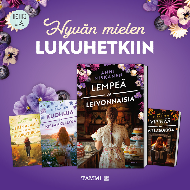 Kuvassa on violetilla taustalla rivissä Anni Niskasen Lehmuslahti-sarjan kirjat etukannet kohti katselijaa. Kirjat ovat vasemmalta oikealle ”Hunajaa ja houkutuksia”, ”Kuohuja ja kissankelloja”, ”Lempeä ja leivonnaisia” ja ”Vipinää ja villasukkia”. Sarjan uusin kirja ”Lempeä ja leivonnaisia” on esitetty muita suurempana ja se on kuvassa enemmän etualalla kuin muut. Kirjakavalkadin yläpuolella lukee: ”Hyvän mielen lukuhetkiin”. Kuvan vasemmassa ja oikeassa yläkulmassa on valko- ja violettisävyisien orvokkien kukkia, mustikoita sekä violetteja ja valkoisia leivonnaisten kermakoristeita. Kuvan alalaidassa on kustantamo Tammen logo ja oikeassa yläkulmassa on Kirja-verkkokaupan logo.