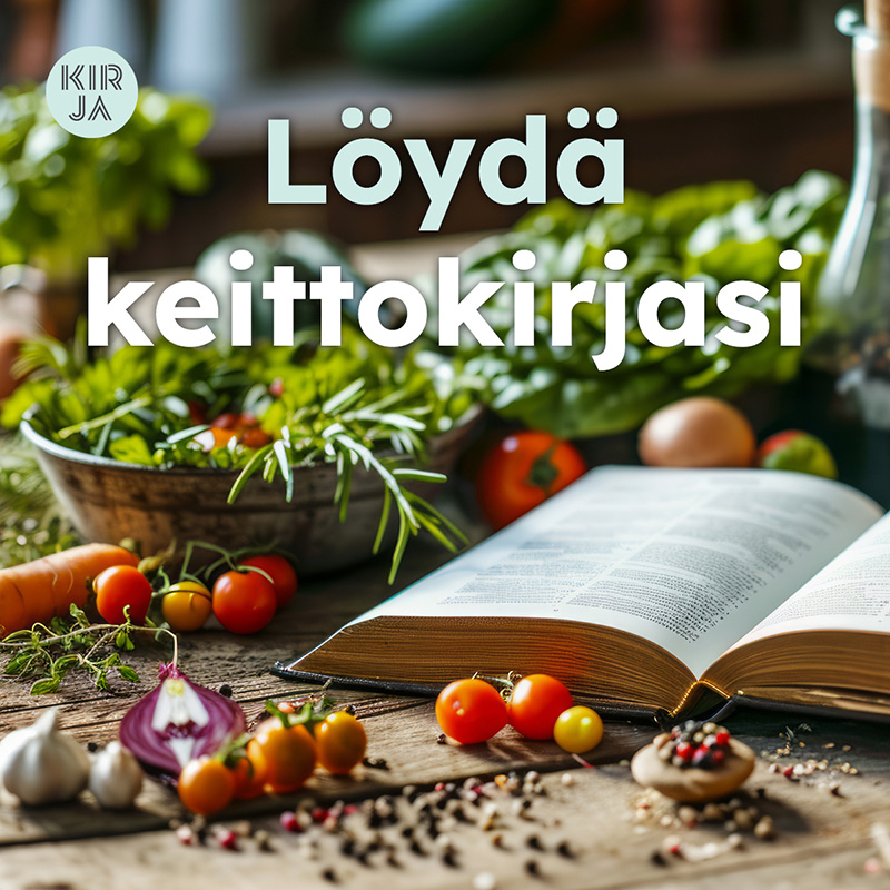 Kuvassa on puinen, käsittelemättömistä lankuista tehty pöytä. Pöydällä on avoinna kirja ja kirjan edessä ja ympärillä on punaisia ja keltaisia kirsikkatomaatteja, puolikas punasipuli, porkkana ja valkosipuleita sekä musta- ja roseepippureita. Kirjan takana näkyy tomaatteja, keltasipuli ja tuoreita rosmariinin oksia kulhoissa, sekä joitain suurilehtisiä kasvimaan kasveja. Kuvan yläosassa lukee ”Löydä keittokirjasi” ja vasemmassa ylänurkassa on Kirja-verkkokaupan logo.