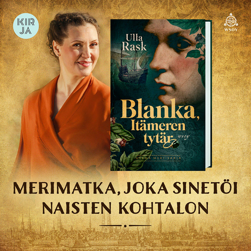 Kuvassa on vasemmalla puolella Ulla Rask kuvattuna vyötäröstä ylöspäin. Rask katsoo katselijaa kohti ja hymyilee. Hänen vieressään on ”Blanka, Itämeren tytär” -dekkari kuvattuna etukansi suoraan kohti katselijaa. Raskin ja kirjankannen tausta on vaaleanruskea ja imitoi vanhaa ornamenttikuvioista paperitapettia. Kuvan alaosassa lukee tummanruskein kirjaimin ”Merimatka, joka sinetöi naisten kohtalon” ja tekstin taustalla erottuu haaleasti kuva 1600-luvun kaupungin siluetista muureineen ja kirkontorneineen. Kuvan vasemmassa yläkulmassa on Kirja-verkkokaupan logo ja oikeassa yläkulmassa on kustantamo WSOY:n logo.
