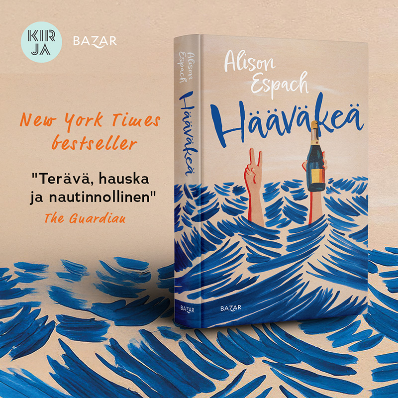 Kuvassa on oikeassa laidassa Alison Espachin kirja ”Hääväkeä” etukansi eteenpäin kohti katselijaa. Kirja vieressä vasemmalla puolella lukee New York Times bestseller ”Terävä, hauska ja nautinnollinen” The Guardian. Taustakuvana toistuu sama beige ja sininen, tussipiirrosta imitoiva piirrosjälki, joka esittää aallokkoa. Kuvan vasemmassa yläkulmassa on Kirja-verkkokaupan sekä kustantamo Bazarin logo.