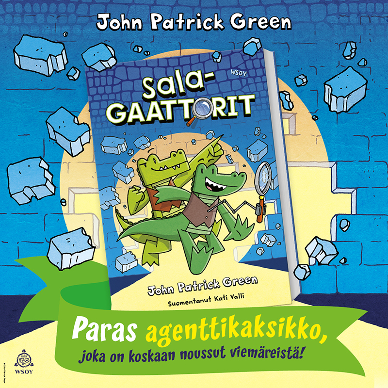 Kuvassa on ”Salagaattorit”-kirja etukansi kohti katselijaa. Kuvan taustana toistuu kirjan kannessa oleva piirroskuva sinisestä tiiliseinästä, johon halkeaa aukko. Aukkoon lankeaa valokeila. Kuvan ylälaidassa lukee John Patrcik Green ja alalaidassa lukee ”Paras agenttikaksikko, joka on koskaan noussut viemäreistä!” Kuvan vasemmassa alalaidassa on WSOY:n logo.