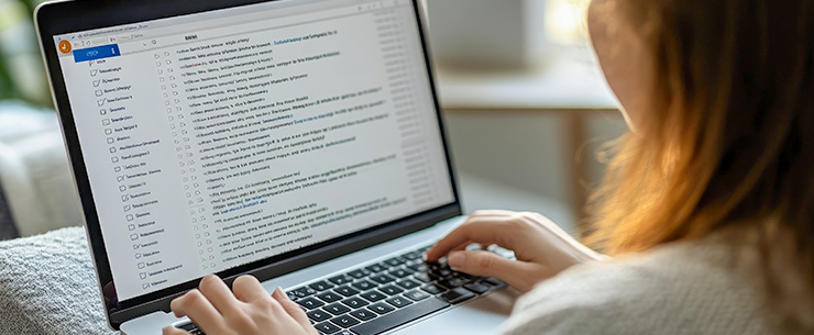 Vrouw achter een laptop bezig met haar mail