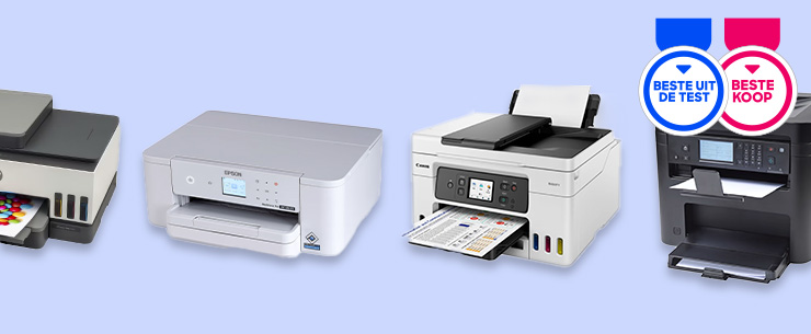 Een aantal printers naast elkaar met Beste Koop en Beste uit de Test predikaat