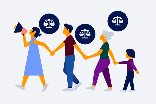 Illustratie mensen die hand in hand lopen