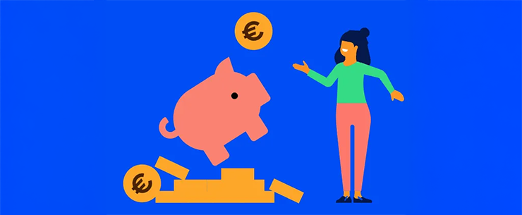 Illustratie van een vrouw met een spaarvarken en euromunten op een blauwe achtergrond.