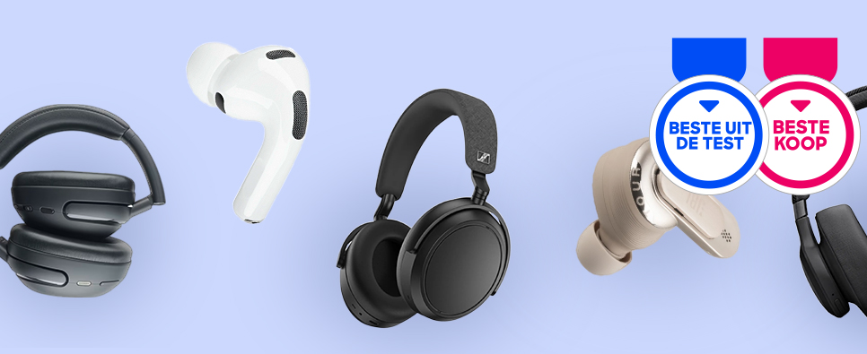 Rij van verschillende hoofdtelefoons en oordopjes op een lichte achtergrond met keurmerken.