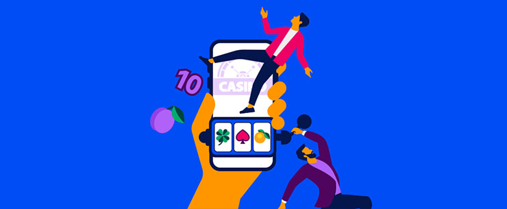 Illustratie van een hand met smartphone waarop een gokspel staat en twee personen ernaast