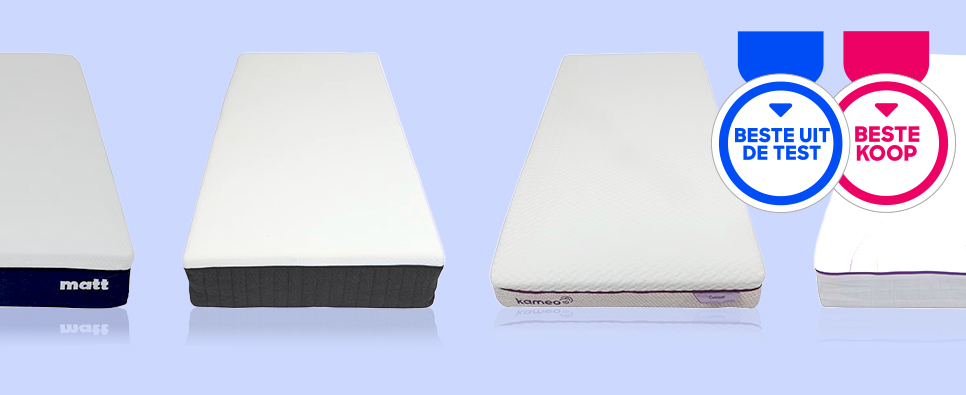 Overzicht van meerdere matrassen naast elkaar, met keurmerken ‘Beste uit de test’ en ‘Beste koop’.