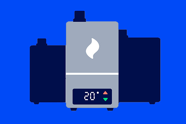 Illustratie van een cv-ketel met digitale temperatuurweergave op een blauwe achtergrond