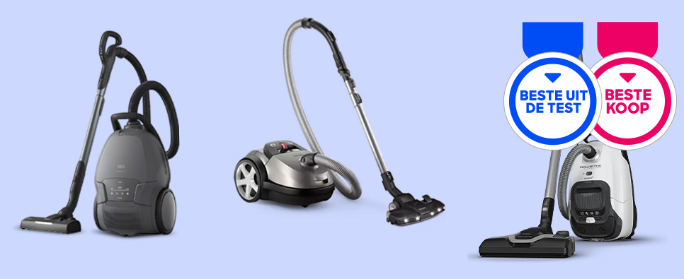 Drie stofzuigers naast elkaar tegen een lichte achtergrond, met keurmerken Beste uit de test en Beste koop.