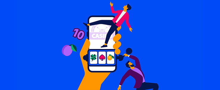 Illustratie van hand met smartphone met gokautomaat, figuren en symbolen op blauwe achtergrond.