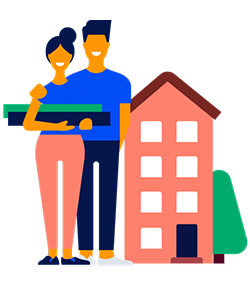 Illustratie man en vrouw met papier in de hand naast een huis met een boom