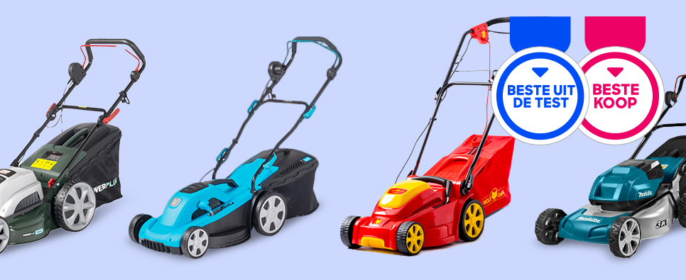 Vier grasmaaiers op lichte achtergrond, met keurmerken Beste uit de Test en Beste Koop.