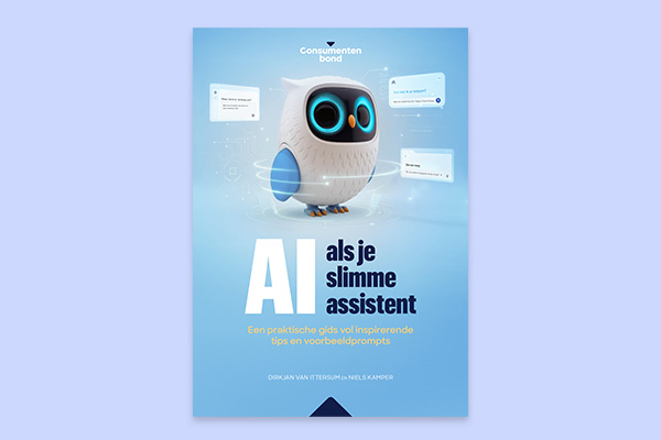 Boekcover met een witte robotuil en de titel AI als je slimme assistent.