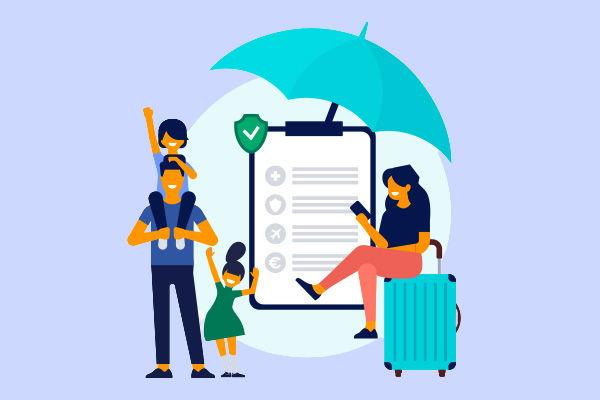 Illustratie van reizigers, een koffer, een polisdocument en een paraplu.