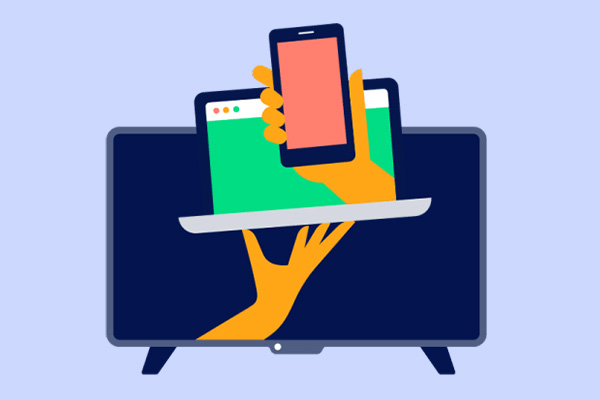 Illustratie van een hand met laptop en smartphone voor een televisiescherm.