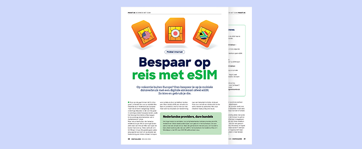 Artikelpagina met de titel Bespaar op reis met eSIM op een lichtblauwe achtergrond