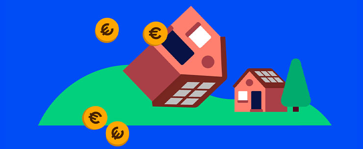Illustratie van een huis op z'n kop met muntjes die eruit rollen en een huis met een boom