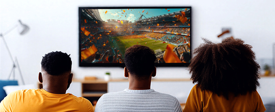 Drie mensen achter een televisie met daarop een voetbalveld en oranje vlaggetjes.