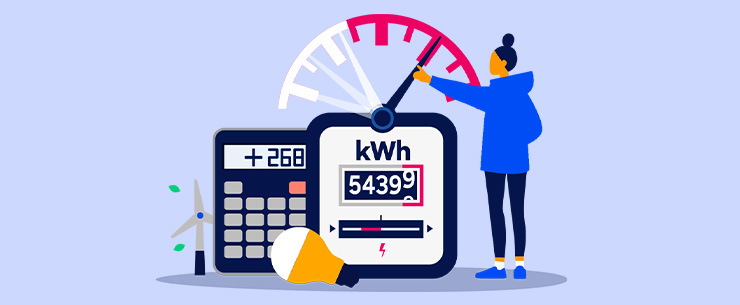 Illustratie Energie Claim met een windmolen, rekenmachine, lampbol, energiemeter en klok met een vrouw ernaast