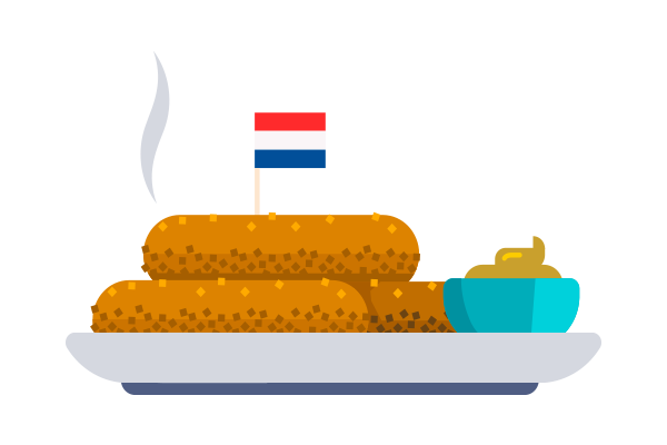 Drie kroketten op een serveerplank met mosterd en een Nederlands vlaggetje