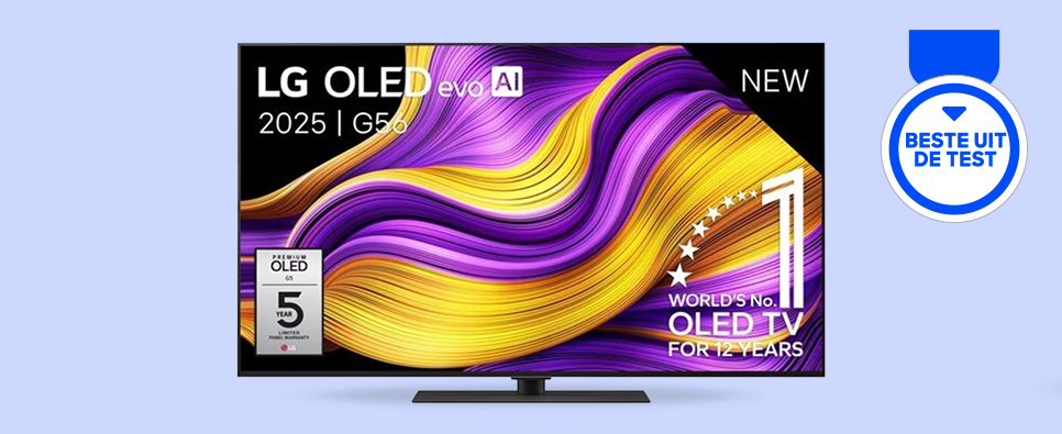 LG-tv en keurmerk Beste uit de Test op blauwe achtergrond