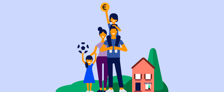Illustratie van een gezin met een voetbal, euromunt en huis
