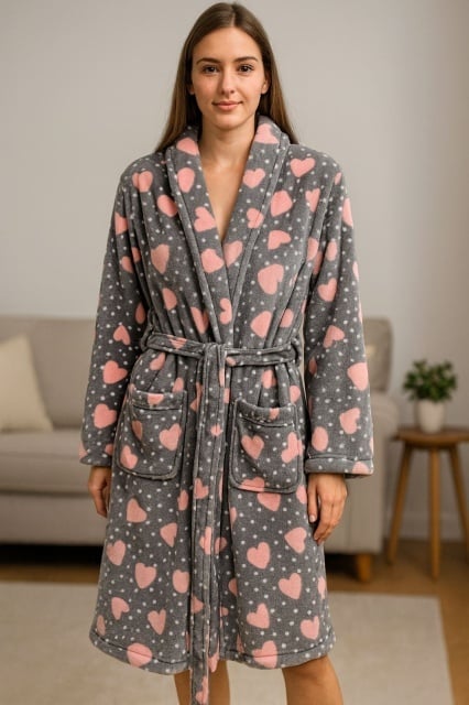 Ready Bade mantil - Sivi sa roze srcima (S, M, L, XL, XXL)