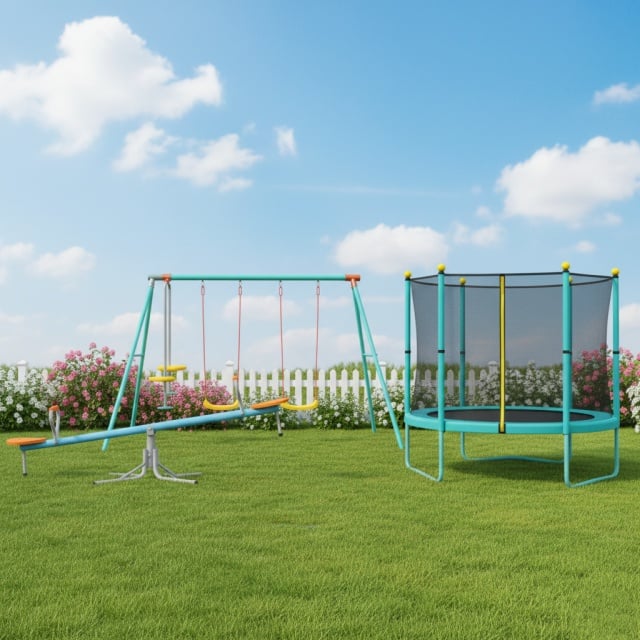 Fun Flip Mega Dečiji Set za Dvori&scaron;te &ndash; Trambolina 140 cm + Ljulja&scaron;ka sa 2 sedi&scaron;ta i Klackalicom + Klackalica 360&deg;